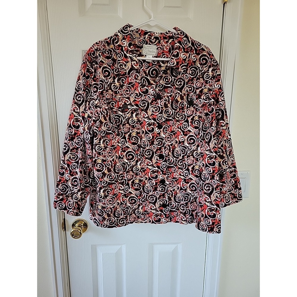 CJ Banks Womens 3X Stretch Swirl Print Button Up Jacket Red Black Abstract Shirt